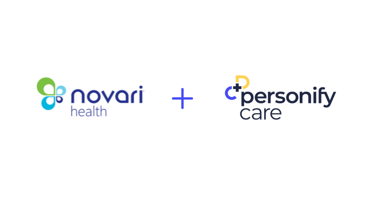 Logos of Novari Health and Personify Care side by side, separated by a plus sign. The Novari Health logo features a green and blue stylized clover, while the Personify Care logo has a stylized 'P' with a cross and dot above the text