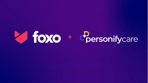 The image features two logos side by side on a purple background. On the left is the "foxo" logo, which includes a stylized fox head in red followed by the word "foxo" in white lowercase letters. On the right is the "Personify Care" logo, which consists of a stylized "P" with a yellow dot and a blue cross, followed by "Personify" in white and "care" in light blue lowercase letters. Between the two logos is a plus sign (+), indicating a collaboration or partnership between Foxo and Personify Care.