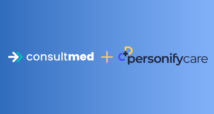 Logos of ConsultMed and Personify Care side by side, indicating a collaboration. The ConsultMed logo features an arrow with shades of teal and blue, while the Personify Care logo includes stylized letters "P" and "C" in blue and yellow on a light blue background.